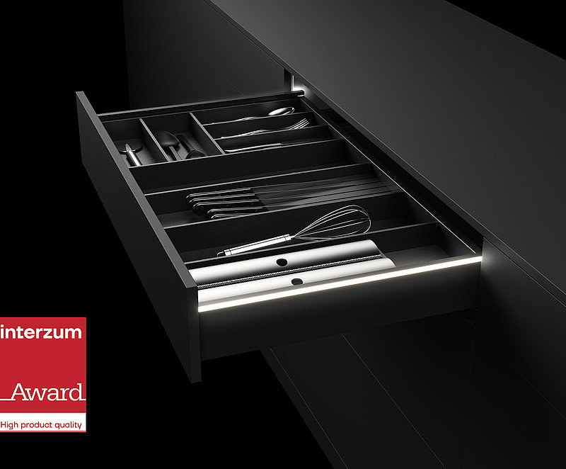 On request, AvanTech YOU gives furniture its very own lighting signature. Photo: Hettich