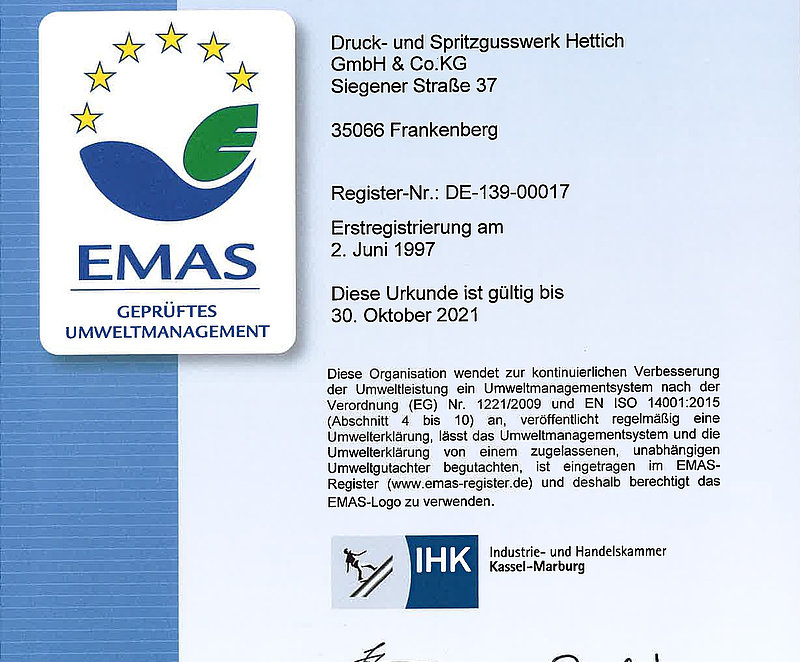Hettich's Frankenberg facility once again gets EMAS certification.
Photo: EMAS/Hettich