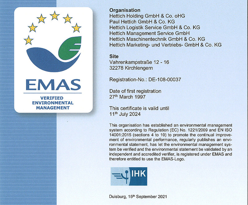 Hettich's Kirchlengern/Bünde operating base once again receives EMAS certification. Photo: EMAS/Hettich