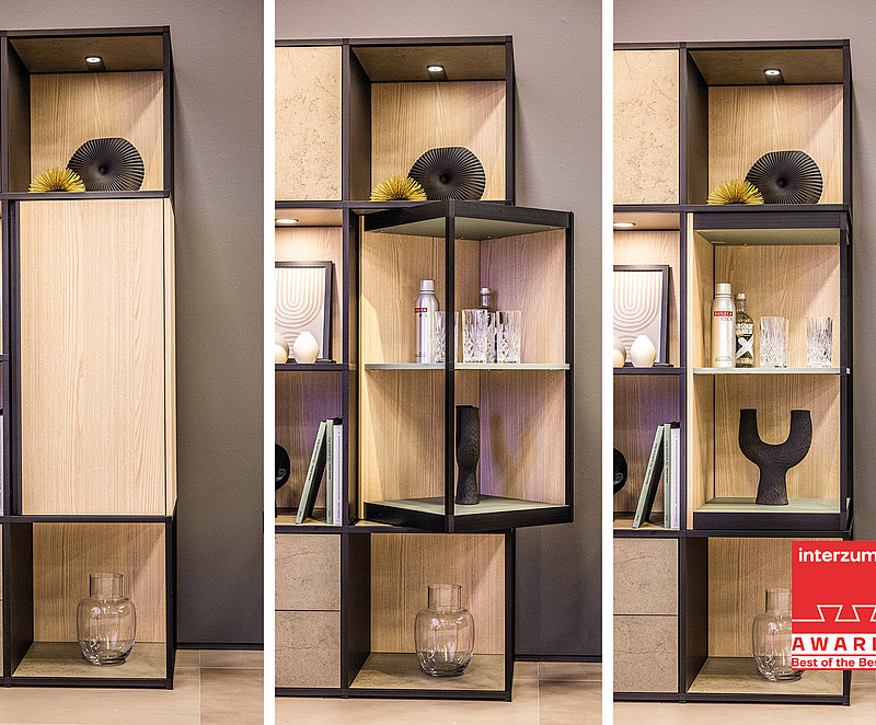 FurnSpin is inspiringly different: open doors or flaps no longer get in the way – most of the cabinet body can now be moved with effortless ease. Photo: Hettich