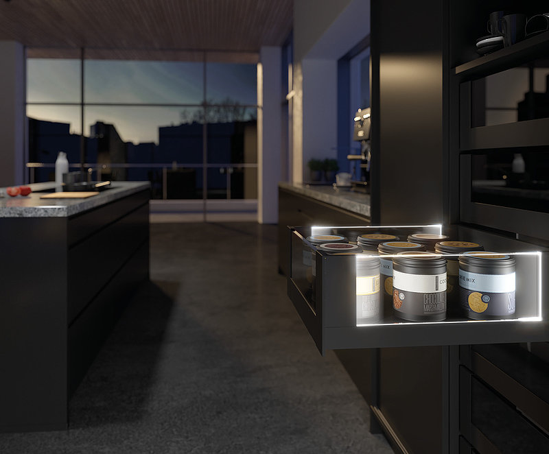 Stunning mood effects and a touch of elegance: as an option, AvanTech YOU from Hettich now gives drawers their own LED signature. Photo: Hettich