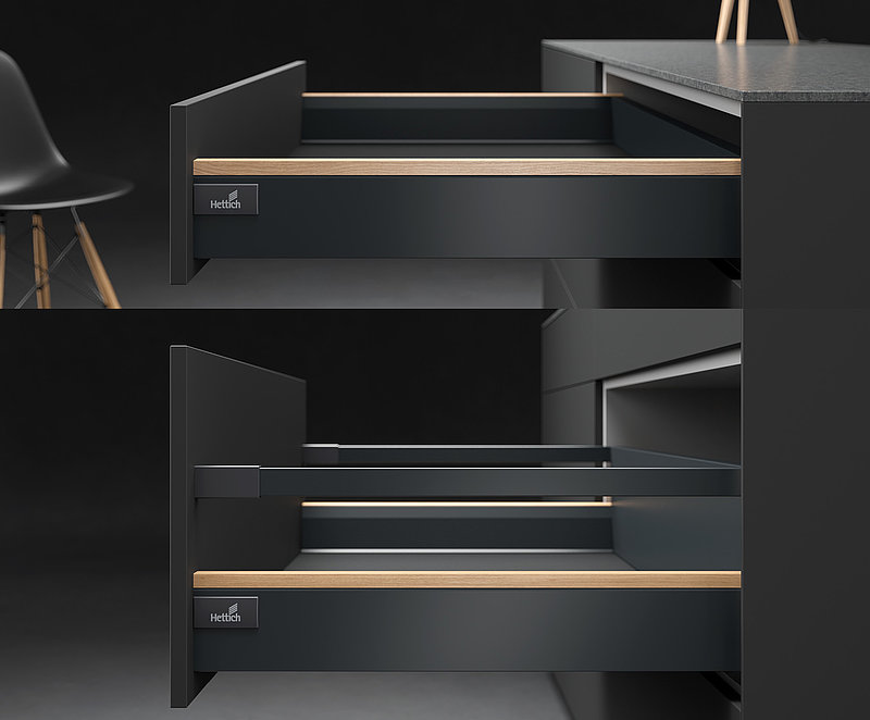 Designer profiles from Hettich provide an impressive overall concept for differentiating drawers and pot-and-pan drawers. Photo: Hettich